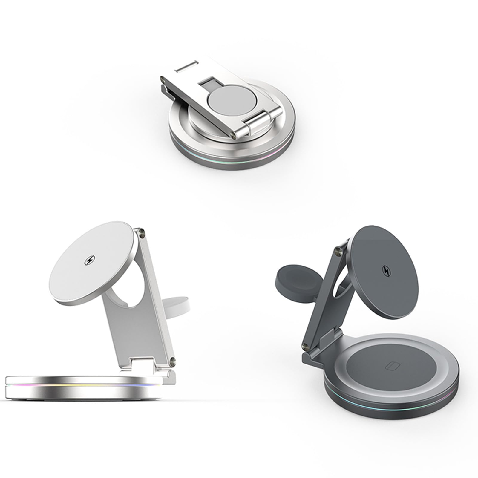 Stazione ricarica per telefono premium Illuminazione automatica Supporto per dispositivi multipli Design portatile pieghevole Supporto per telefono con base in metallo girevole a 360° con