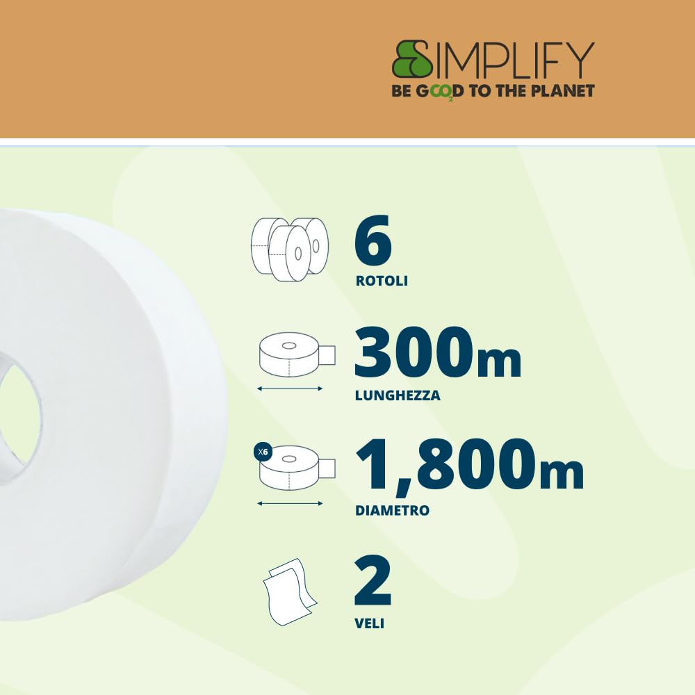 Papernet Simplify - Carta Igienica Maxi Jumbo 420293, 6 Maxi Rotoli di Carta in Pura Cellulosa da 300m Ciascuno, 2 Veli, 7.830 Servizi da 8,6x23cm, Goffratura Micro, Bianca