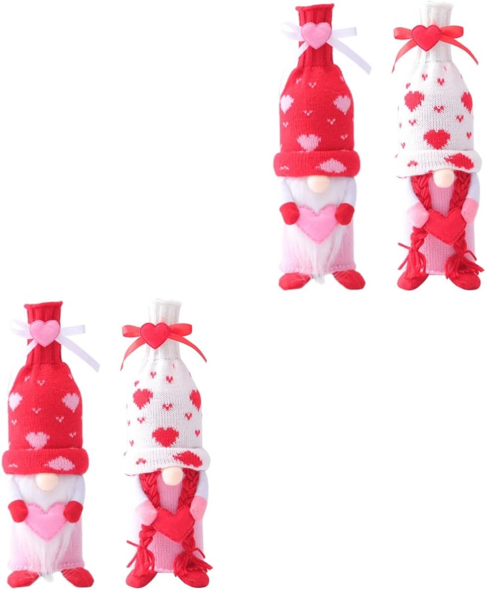 4PCS Gnome Valentine Day Wine Bottle Covers Wine Bottle Bags Handmade Swedish Tomte Toppers for Valentine's Day Wedding Dining Table Decorations Party present