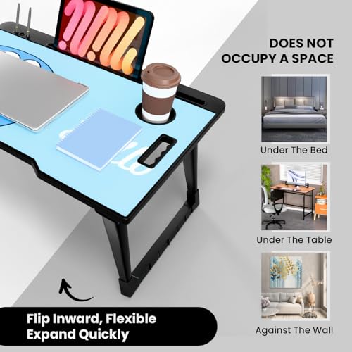 Image of Foldable Wooden Mini Laptop Table for Bed, Study Table with Drawer, Tablet /Mobile Holder for Kids & Adults (COTTED DRM)