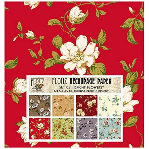 Decoupage Paper Pack (24 Sheets 6"x6") Bright Flowers FLONZ Vintage Styled Paper for Decoupage and Craft Cover