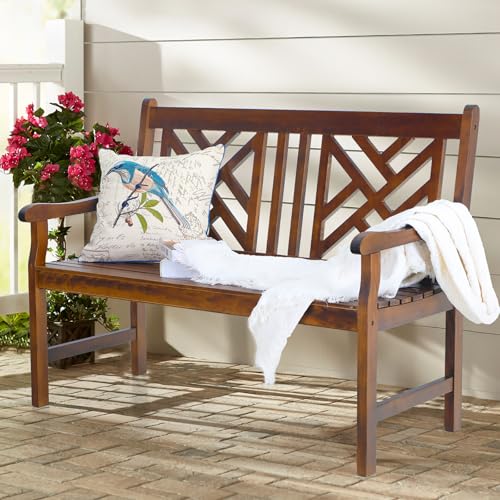PHI VILLA Garden Outdoor Bench 119cm, 2 Seater Wooden Garden Slatted Outside Bench Seat with Backrest & Armrest for Patio, 119L x 46W x 90H cm Teak
