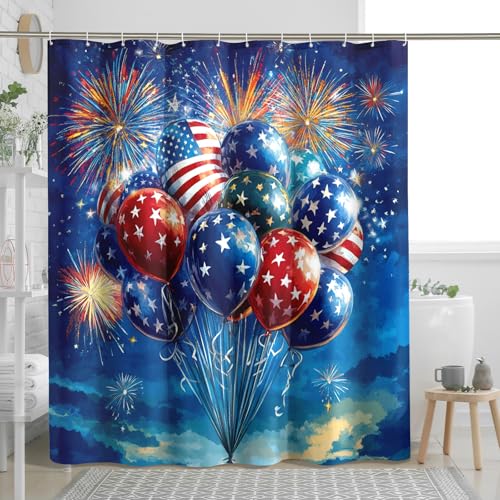 Cortina de ducha con diseño de fuegos artificiales del 4 de julio, cortinas de ducha con globos para el Día de la Independencia para baño, juego de accesorios de decoración de baño, 72 x 78 pulgadas