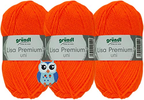 Gründl Lisa Premium Lot de 3 pelotes de fil à crochet Uni 100 % polyacrylique + 1 bouton chouette (50 orange fluo)