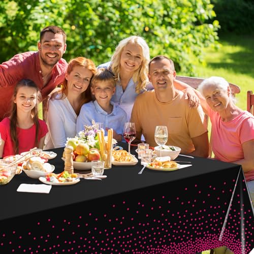 Image of 6 Pack Hot Pink and Black Plastic Tablecloth, Disposable Table Cloth for Rectangle Tables, Hot Pink Stamping Dot Black Tablecloth for Bachelorette Birthday Wedding Party Decorations, 54 inchx108 inch