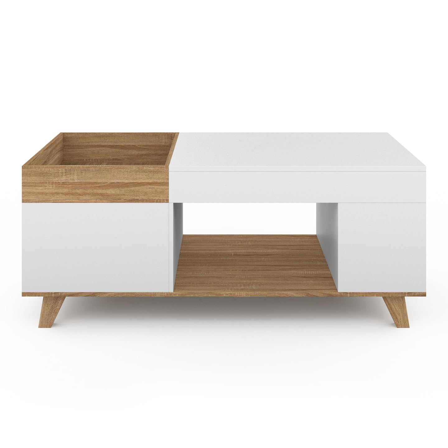 IDMarket - Table Basse rectangulaire Plateau relevable et Plateau Amovible avec Coffre Lola Bois et Blanc