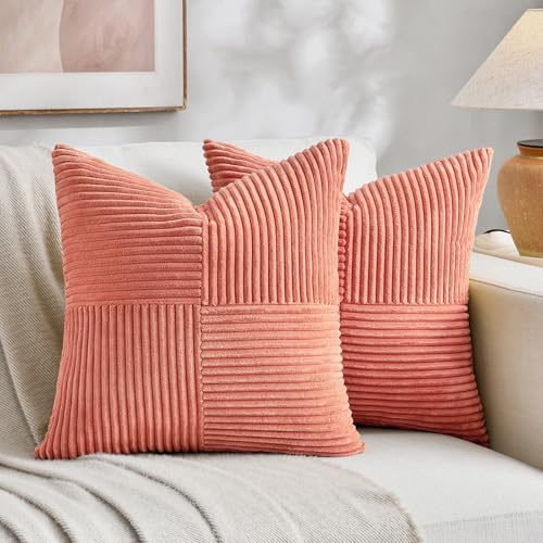 Image of Fancy Homi 2 Packs Coral Decorative Throw Pillow Covers 20x20 Inch for Living Room Couch Bed Sofa, Rustic Farmhouse Boho Home Decor, Soft Corss Corduroy Patchwork Accent Peach Cushion Case 50x50 cm