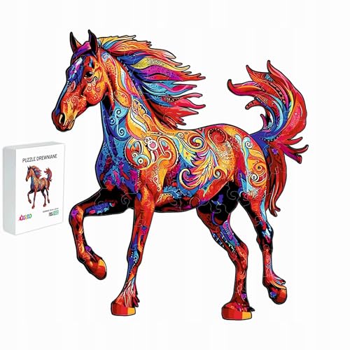 PASJO - Puzzle en Bois pour Adultes et Enfants - Motif Cheval 122 Pièces 20 x 22 cm - Forme d'Animal Unique - Jigsaw Créatif - Idée Cadeau