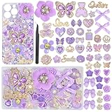 RoedCuoo Junk Phone Case Charms, Big Charms Bulk - Purple Bling Flatback Charm Junk Phone Case Kit,Resin Bear Heart Rose 3D Star Accessories for Junk Socks & Customizing DIY Craft Accessories