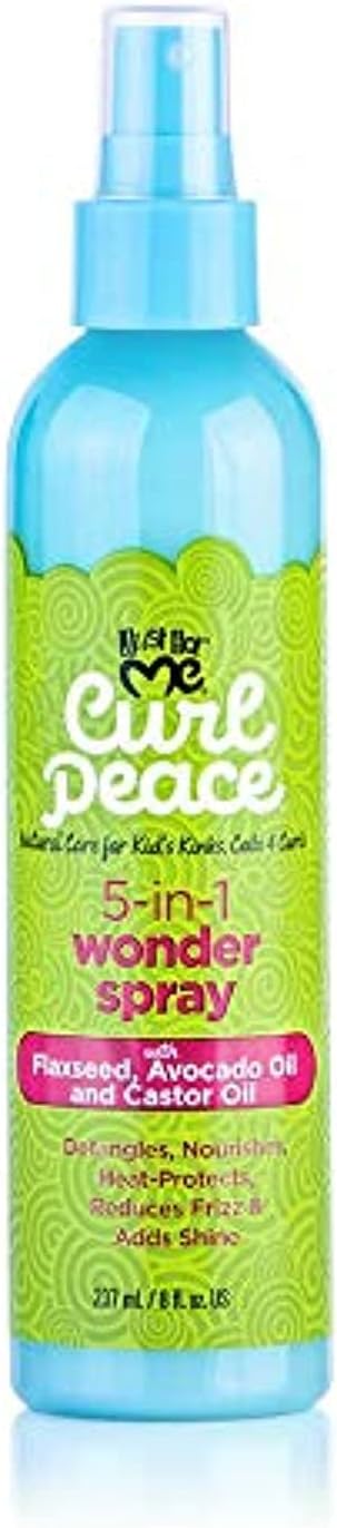 Just For Me Curl Peace 5-In-1 Wonder Spray - Detangles, Nourishes, Heat-Protects, Reduces Frizz, Adds Shine, Contains Flaxseed, Avocado Oil, Castor Oil, No Animal Testing, 8 oz