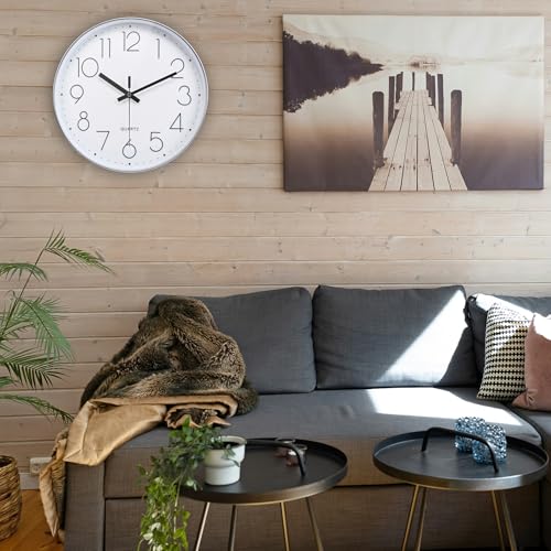 Image of jomparis Modern 12 inch Battery Operated Silent & Non-Ticking Wall Clock Digital Quiet Sweep Office Decor Clocks,Plastic Frame Glass Cover (Silver,Arabic Numeral)
