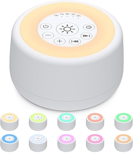 Sleepbox Máquina de ruido blanco sonoro con 25 sonidos relajantes y 10 colores luz nocturna cálida 4 niveles de brillo 32 niveles de volumen 5