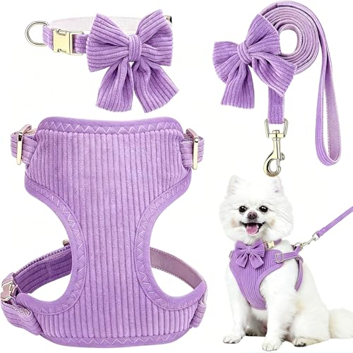 Generic Small-Dog Cotton Harness & Leash Set with Bowtie (Purple, M)