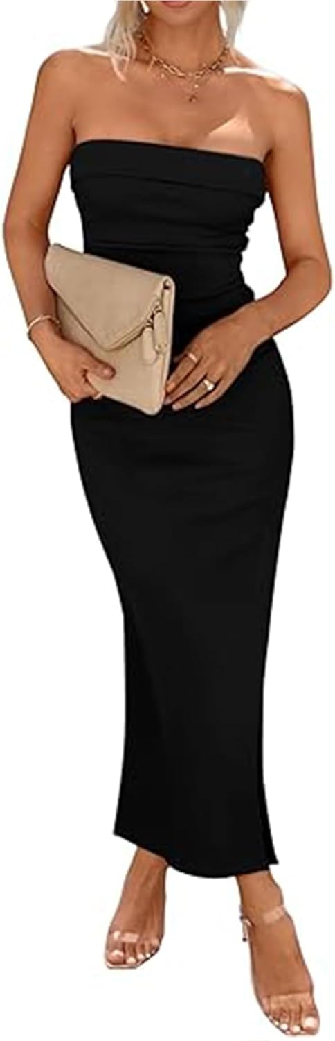 Woolicity Womens Summer Strapless Bodycon Maxi Tube Dress Split Sexy Party Club Casual Elegant Dress