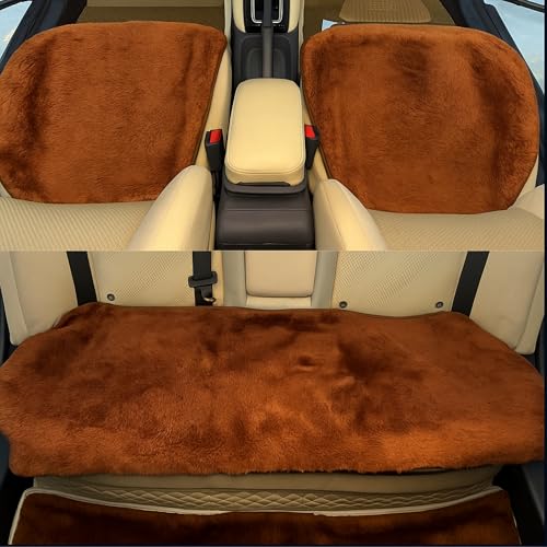 Image of Premium 3Pcs Car Seat Cover /Pad /Cushions | Luxury & Soft Rabbit Fur Cover | Fluffy Plush Vehicle Protector Pad with Non-Slip Backing | Universal Fit for Most Vehicles | Colour: Coffee