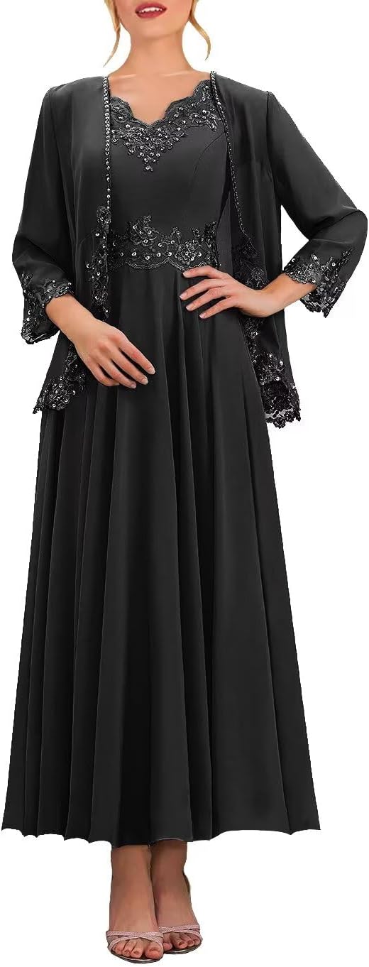 Beaded 2 Piece Tea Length Mother of The Bride Dresses for Wedding with Jacket 3/4 Sleeve Lace Formal Evening Gown
