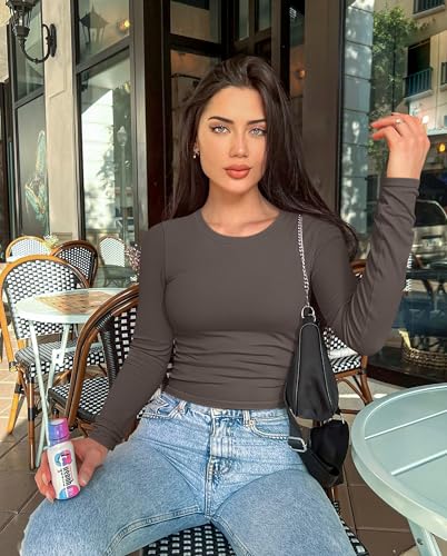 OQQ Womens 2 Piece Shirts Long Sleeve Crew Neck Ruched Stretch Basic Fitted Tee Shirts Tops2