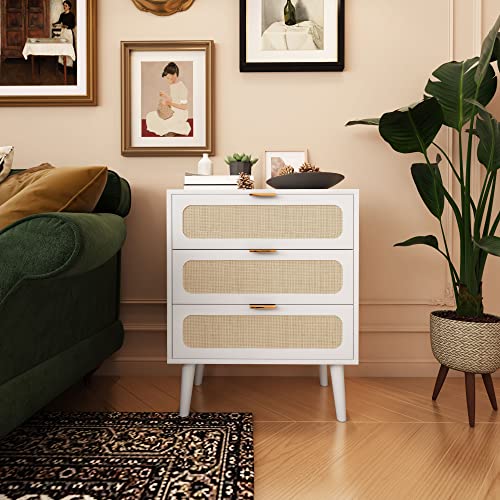Image of QHITTY Drawer Dresser, Rattan Chest of Drawers with 3 Drawers Dresser, Accent Storage Cabinet Modern Bedside Table for Living Room, Entryway (White)