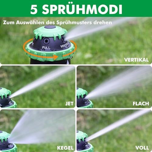 RESTMO Getriebe-Sprinkler mit Metallspike-Basis – Rasensprenger für große Flächen, 5 Muster, Bewässerungssystem für Rasen & Beete, Gartensprinkler, Reichweite 15 m, 180 m² Abdeckung, Grün, 1 Stück