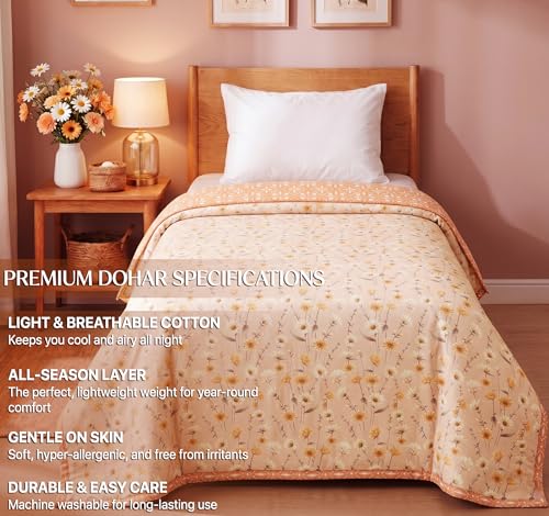 Image of HOMEKART Luxury Cotton Dohar Blanket for Single Bed | Ultra Soft Reversible AC Quilt | Floral Printed Lightweight Summer Blanket | 58x88Inches (Peach Blossom Harmony)