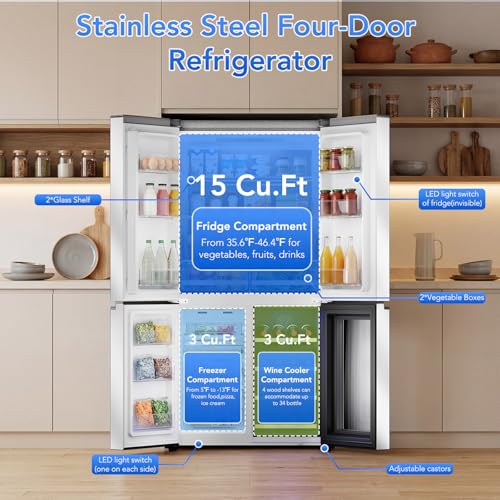 Image of COWSAR 36-Inch and 21 Cu. Ft. Counter Depth French Door Refrigerator with Wine Cabinet and 4 Doors Kitchen Deep Freezer in Stainless-Steel