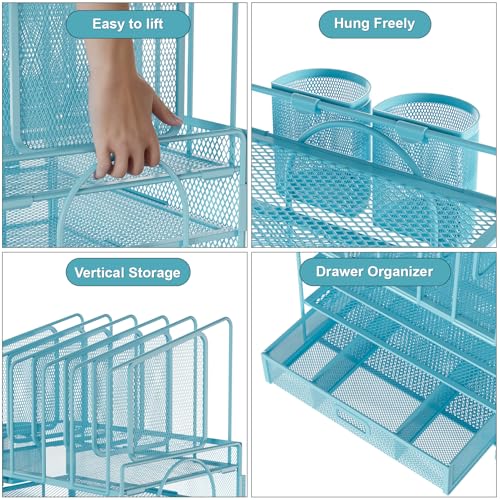 Image of Marbrasse Desk Organizers, 4-Tier Mesh Desk File Organizer with 5 Vertical File Holders and 2 Pen Holders, Multifunction Desktop Organizer,Desk Organizers and Accessories for Home Office (Blue)