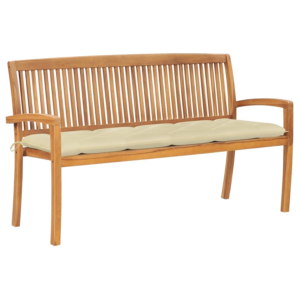 Banco de jardín de teca con cojín de 159 cm, apilable al aire libre, madera de teca sólida, muebles de jardín para ahorrar espacio para patio, asiento resistente hasta 110 kg