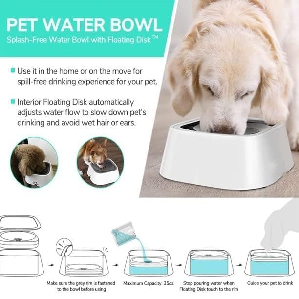 COZIESS Plastic Dog Water Bowl no Spill,35oz Slow Water Bowl for Dogs,BPA-Free,Anti-Splash & No-Slip Design,1L Vehicle Carried Travel Spill Proof Pet Bowls,for Small Medium Cats and Pets (White,1L) 2