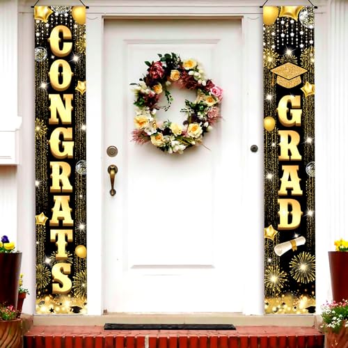 Image of Graduation Decorations 2026 | Black and Gold Graduation Door Banner - Large, 72x12 Inch, NO DIY | Congrats Grad Banner | Grad Banner for 2026 Grad Party Decor | KatchOn
