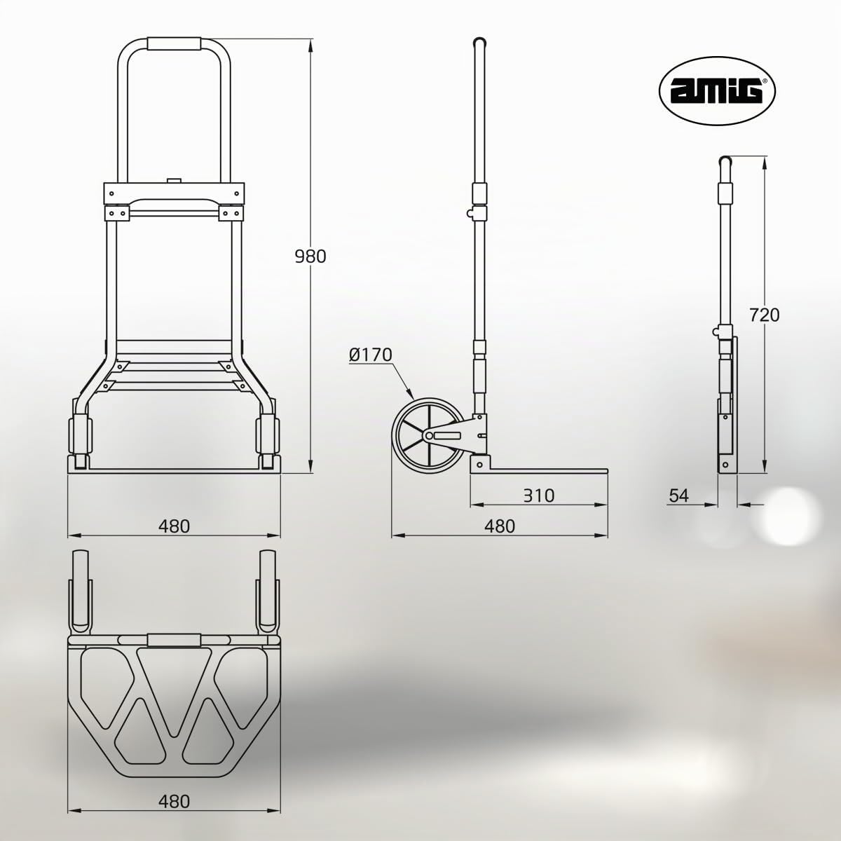 Amig - Carretilla Plegable de Aluminio - Capacidad 80 kg - Resistente y práctica - Ruedas Ø17 cm - Ideal para mudanzas y Carga - Mod. 60