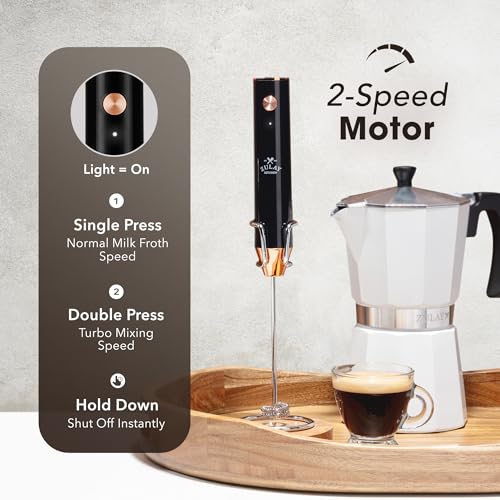 Image of Zulay Kitchen Rechargeable Milk Frother Handheld - Frother Wand, Drink Mixer, Electric Whisk Frother, for Cappuccinos, Matcha & Protein Powder - Lux 4 Whisk 2 Speed Waterproof 2000mAh Black Copper