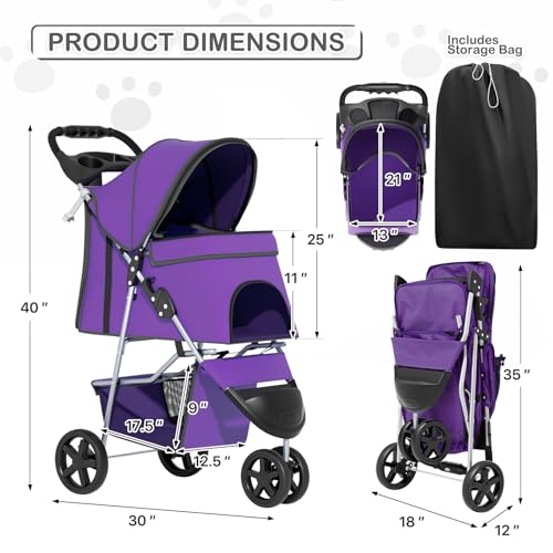 Image of MoNiBloom 3 Wheels Pet Dog Cat Stroller for Small Medium Dogs Cats, Lightweight Foldable Jogger Stroller w /Storage Basket and Cup Holder, Purple