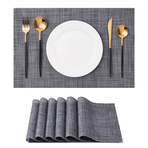 Placemats Set of 6 Washable Indoor/Outdoor Vinyl Place Mats for Dining Table Durable Non-Slip Heat Resistant PVC Weave Table Mats(Black)