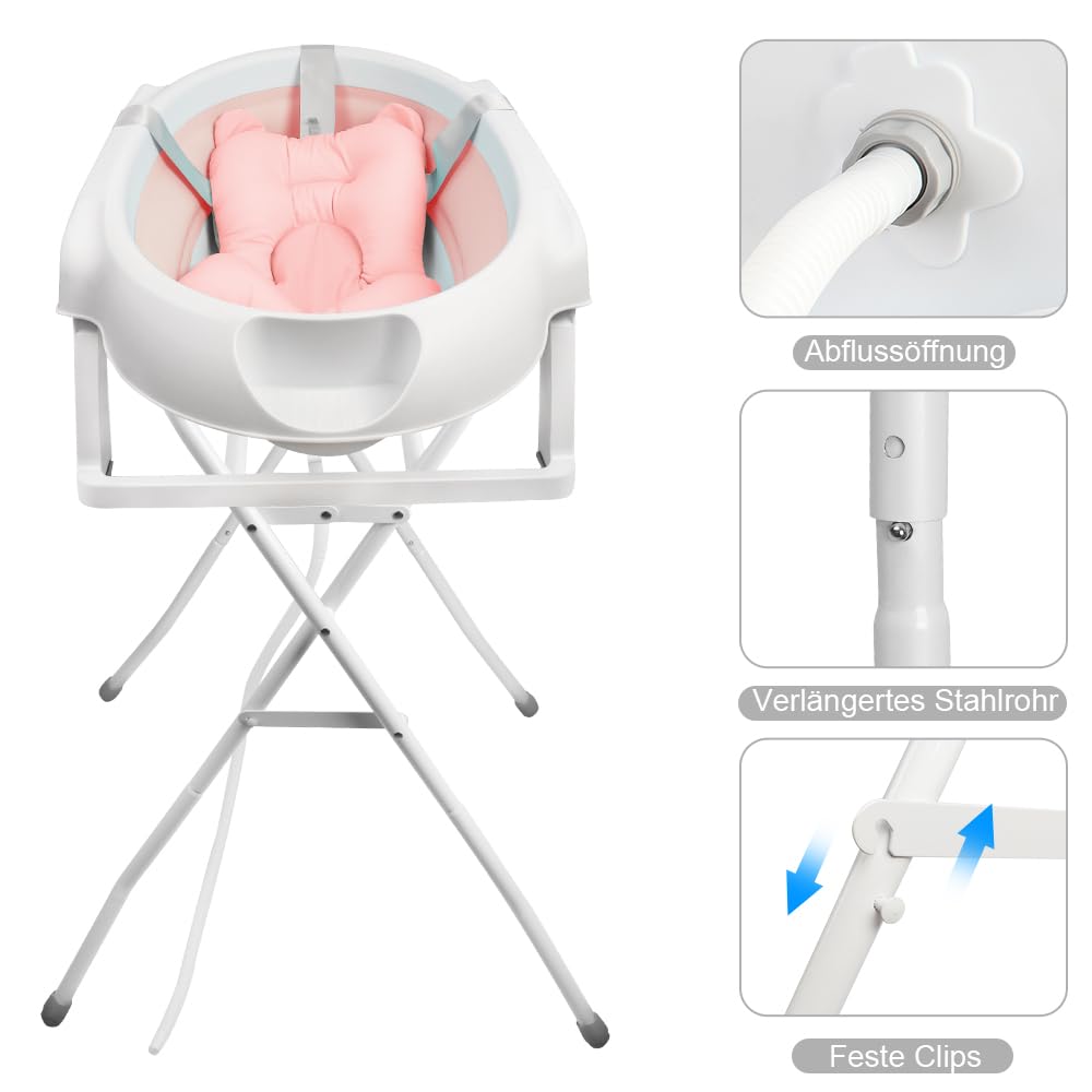 OHMG Bañera para bebé con estructura de 82 cm, bañera plegable para bebés con soporte antideslizante, bañera para bebés recién nacidos, gran volumen (rosa-66 x 61 x 82 cm)