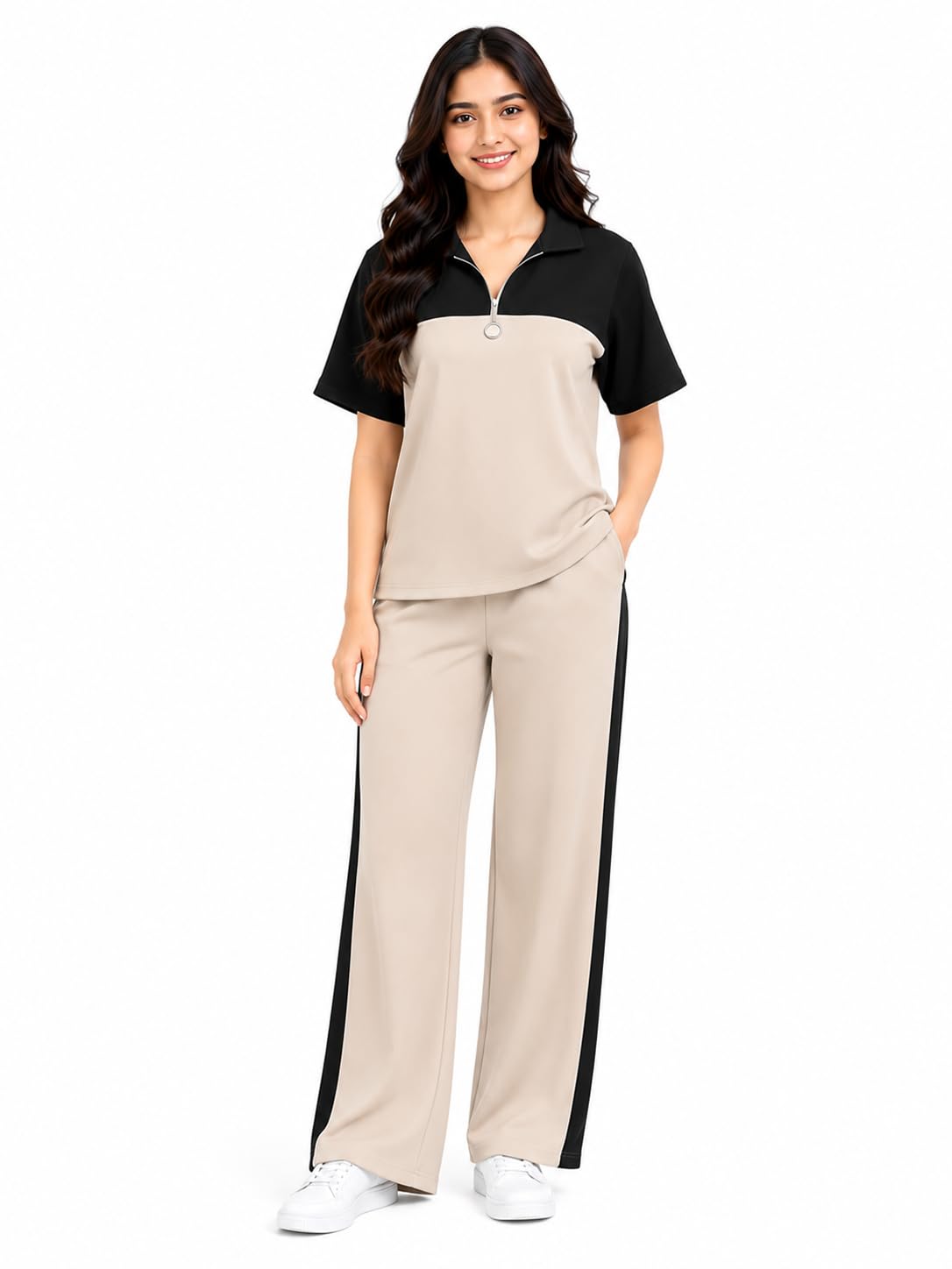 Women's Solid Night Suit Set | Half Sleeve Zip Neck Top & Wide Leg Pyjama | Soft Cotton Blend Two Piece Sleepwear | Relaxed Fit Lounge Wear & Home Wear for Women-image-4