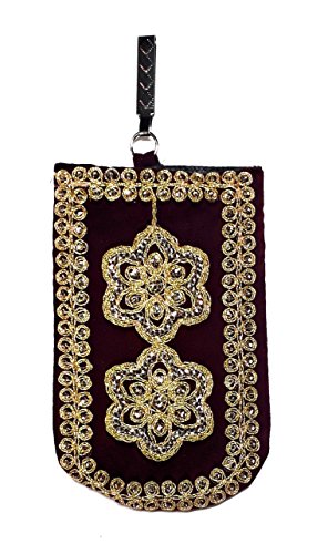 UNIQUE PRODUCT EMBROIDERED (Hand Made) Maroon Velvet Zari Mobile Pouch With Waist Clip/Drawstring For Girls/Women