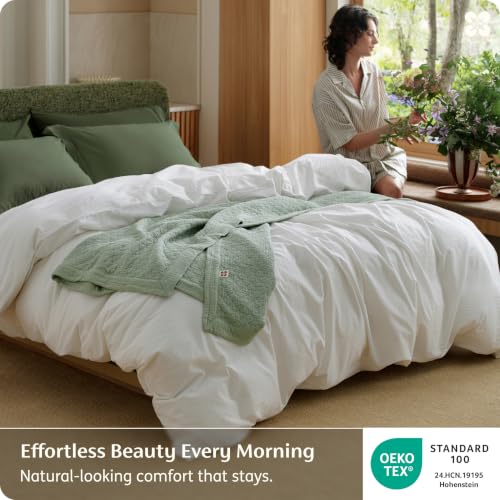 Image of Bedsure PureWoven 100% Washed Cotton Duvet Cover Only, Queen, Natural White | 1 Duvet Cover, No Pillow Shams, Linen Like Textured, Lightweight & Breathable for All Seasons, Zipper Closure, 8 Corner Ties