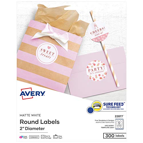 Avery Printable Round Labels with Sure Feed Technology, 2' Diameter, Matte White, Laser & Inkjet Compatible, 300 Blank Labels Total, Great for Branding, Packaging, Events, and More (22877)