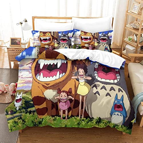 MERAXI Totoro Housse De Couette 3D Couvre Lit Literie Taie d'oreiller Ultra Douce Parure De Lit d'hiver Enfant Garçon Filles Couet Couvre King（220x240cm）