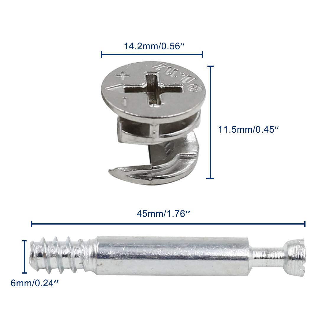 Diagram showing the precise dimensions of the cam fitting and dowel screw, including diameter, height, and length measurements in millimeters and inches.