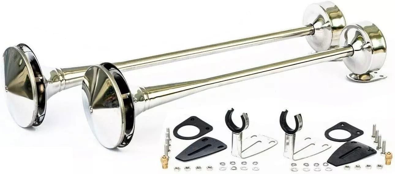 Fanfare Chrom 24V Drucklufthorn Zweiklang Hupe Horn 125 dB 64cm x 58cm Neu OVP E32 Prüfzeichen für LKW PKW Auto Boot Landtechnik