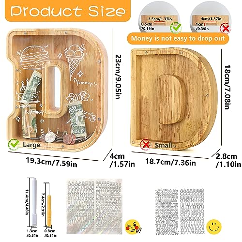 Mikytoper Letter Money Box for Kids Large Wooden Personalized A-Z Piggy Bank Clear Alphabet Money Bank Coin Bank for Gift Decoration Baptism (D) - Image 2