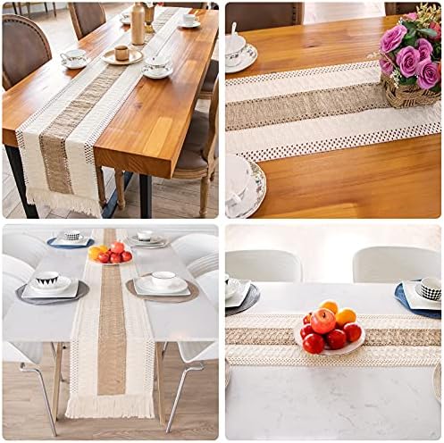 GUDELAK Macrame Table Runner Farmhouse Style, Natural Burlap Boho Table Runner Modern Farmhouse Decor Rustic Woven Cotton Crochet Lace for Bohemian, Rustic, Bridal, Shower Wedding, Dinner, 72" x 12"