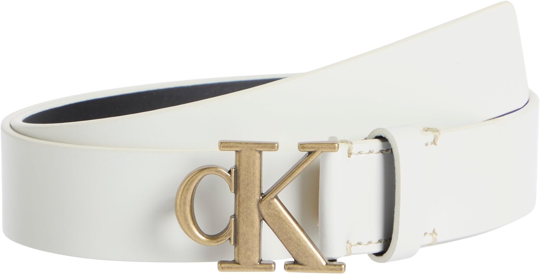 Calvin Klein Women's Monogram Plaque Buckle 3 cm Leather Belt, Off-White (Silver Birch/Tumbled Gold), 43.3 inches