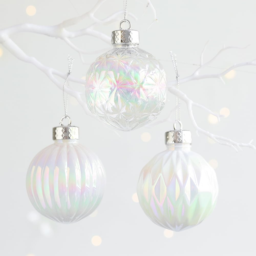 Juego de 9 bolas decorativas blancas iridiscentes de Navidad de 3.15 pulgadas, plástico transparente inastillable, adornos colgantes para decoración de árbol de Navidad, interiores, hogar, Acción de