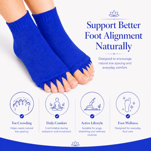Image of Foot Alignment Orthopedic Cotton Socks for Men & Women | Five Toe Separator | Foot Pain Relief | Bunion Corrector | Plantar Fasciitis Support | Improves Posture & Flexibility | Free Size | Royal Blue | 1 Pair