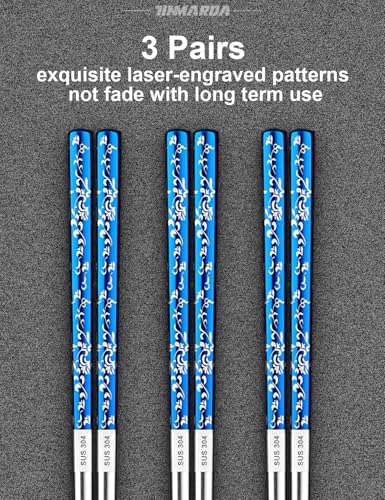 Image of Metal Chopsticks Reusable, Non-Slip Chop Sticks Reusable Dishwasher Safe, Titanium Plated Stainless Steel Chopsticks+Floral Blue 3 Pairs
