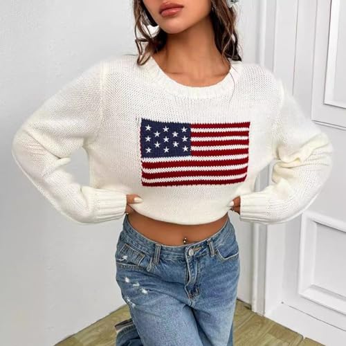 Women's American Flag Sweater Vintage Star Print Long Sleeve Crew Neck Sweater Top 4th of July Knit Top4