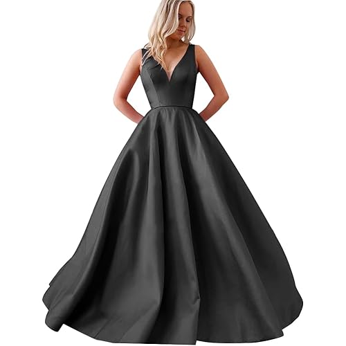 Satin A Line Wedding Dresses for Bride V Neck Prom Dresses with Pockets Simple Long Ball Gowns