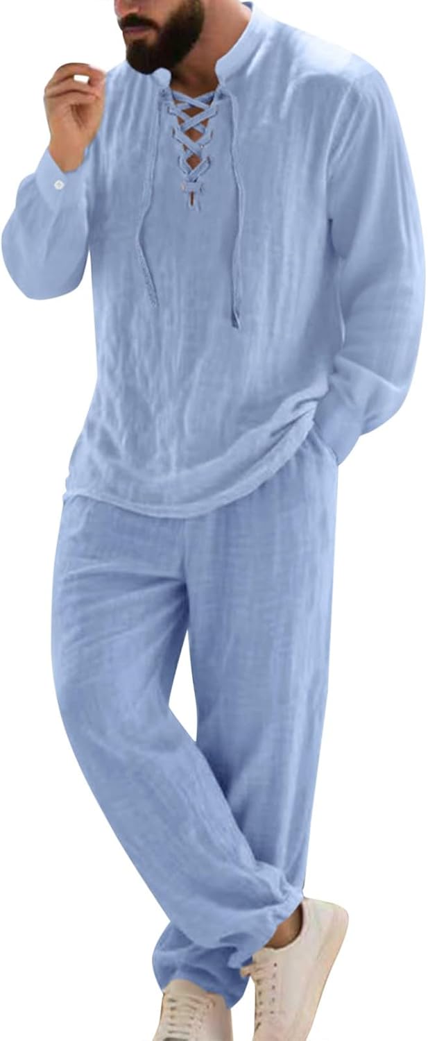 Men's 2 Pieces Cotton Linen Sets Long Sleeve Lace-Up Cuban Henley Shirt Casual Loose Pants Set Beach Vacation Outfits